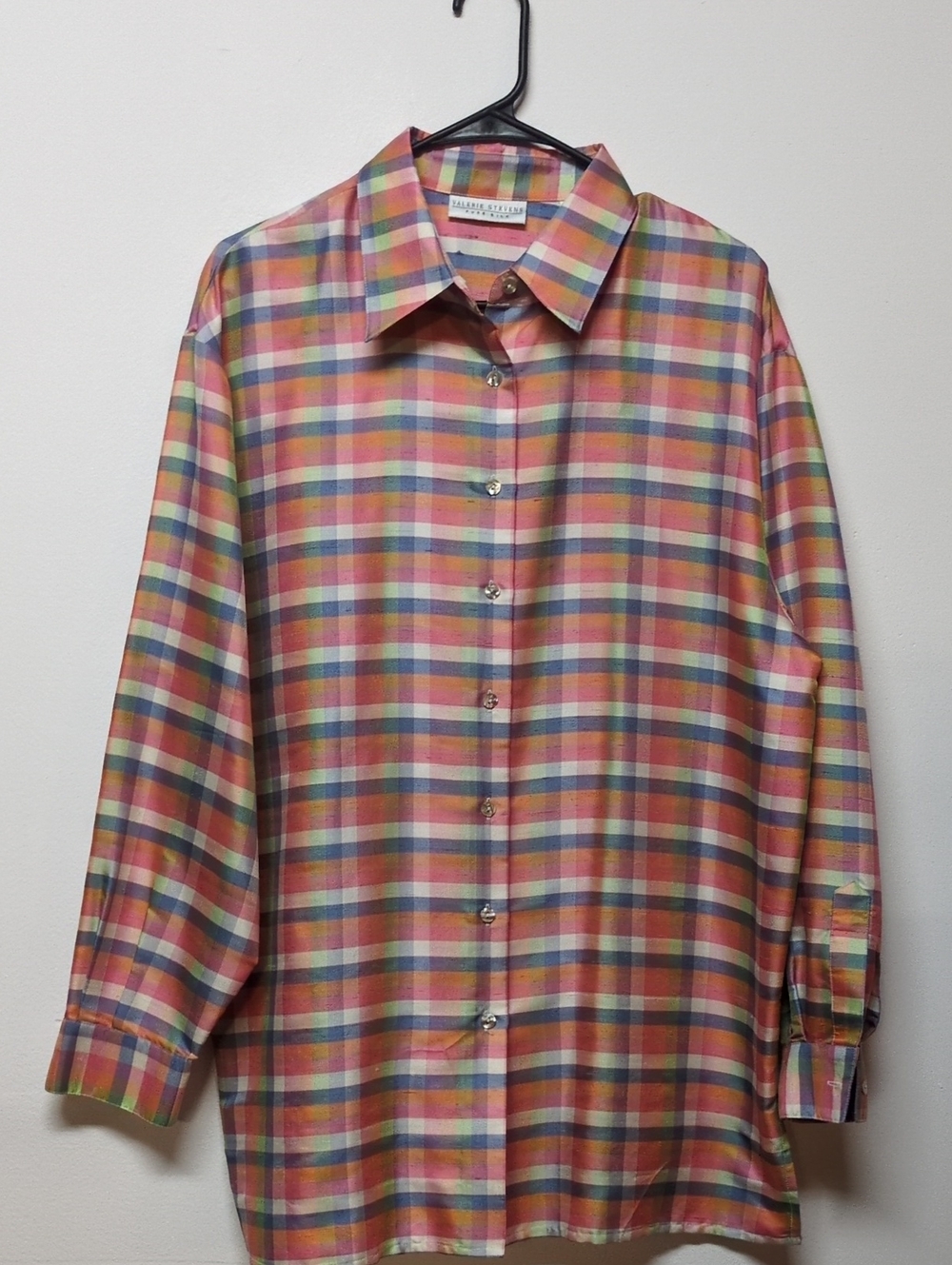 Valerie Stevens Pure Silk Plaid Button Down Blouse, Size L